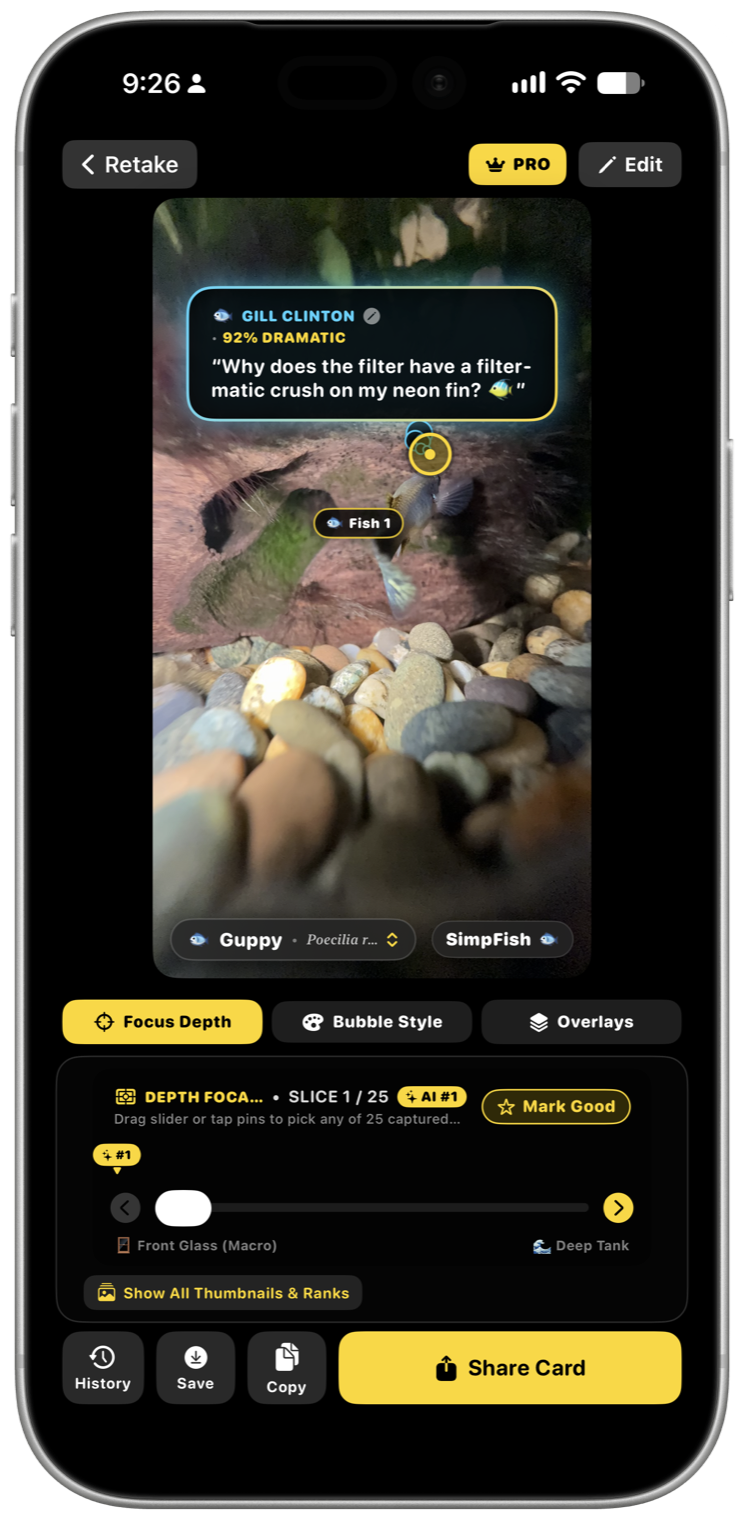 SimpFish Studio on iPhone 17 Pro Max showing Slice 1 of 25 AI #1 depth scrubber and Gill Clinton thought bubble